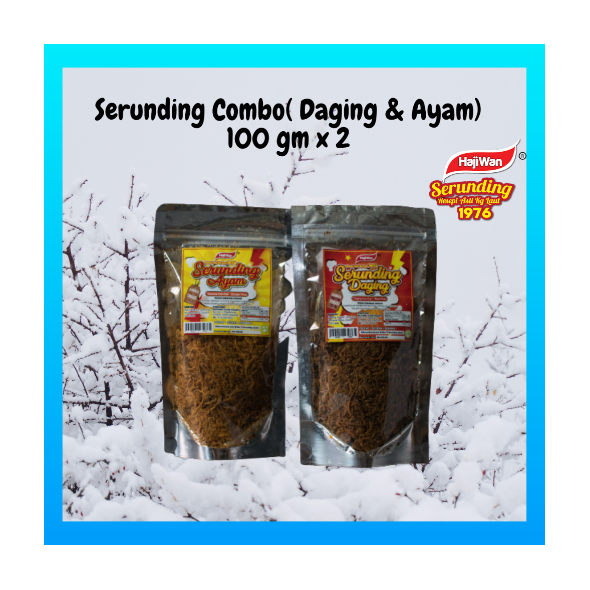 HajiWan Serunding Daging & Ayam / Meat Floss & Chicken Floss, Pouch Pack Combo  (2 x 100gm)  SHOPPYMORE HajiWan Serunding sangat sesuai untuk dihidangkan bersama menu pilihan&nbsp; harian dirumah , terutama untuk menyediakan menu makanan segera. Ready To Eat Bersama roti dijadikan Sandwich, nasi bubur, Nasi Panas , Mee Goreng, Kueh Teow, Nasi Goreng, Maggi, Pulut dan lain-lain. Dengan adanya stock serunding dimeja makan ianya menjimatkan masa, menambahkan selera menu makanan dan meyelesaikan masalah keluarga bila rasa lapar dek kerana serunding sesuai dipadankan dengan pelbagi menu kesukaan anda. &nbsp; Sesuai dibawa semasa travel (Sumber Makanan Halal)&nbsp; contohnya Melancong, mengerjakan Umrah, melancong dll &nbsp; Keistemewaan HajiWan Serunding Daging Kampung Laut;&nbsp; &nbsp; - Diperbuat daripada rempah ratus yang berkualiti tinggi&nbsp; bahan- bahan yang HALAL , KEBERSIHAN TERJAMIN serta TIADA bahan PENGAWET digunakan. &nbsp; - Tiada dimasukkan perwarna &nbsp; - RAMUAN TURUN TEMURUN LEBIH&nbsp; 40 TAHUN, asli drp Kg. Laut Kelantan. &nbsp; - Disukai ramai kerana rasanya yang enak, texture yang lembut dan sederhana pedas. &nbsp; - Jangka hayat LEBIH KURANG 9 BULAN ke 12 BULAN &nbsp; - Dengan packaging BOTOL / Pack Kecil , MUDAH untuk dihidangkan dan disimpan dan mengelakkan dimasuki serangga. &nbsp; - Amat sesuai untuk dibekalkan kpd saudara2 atau anak2 yang berada diasrama , Kolej dan Universiti. &nbsp; - Disyorkan kepada Ibu yang berpantang selepas bersalin untuk menambah selera, membekalkan tenaga dan Sumber Protein Tinggi.